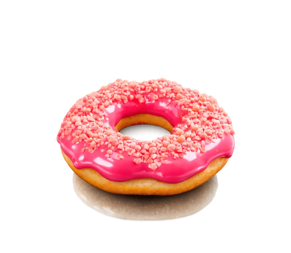 Mochi donut dipped in strawberry glaze and topped with strawberry shortcake crumble.