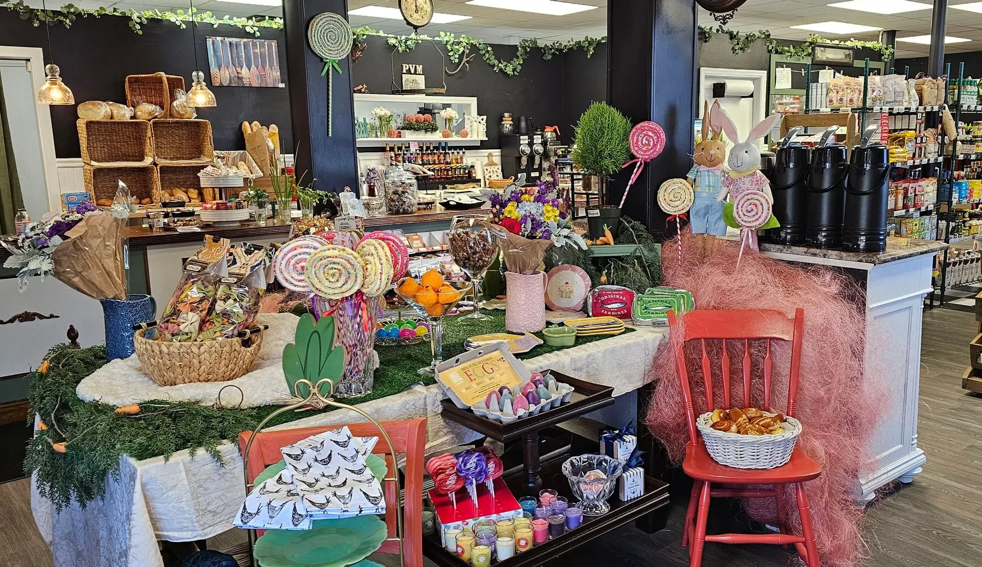 Charming café display with colorful sweets and baked goods