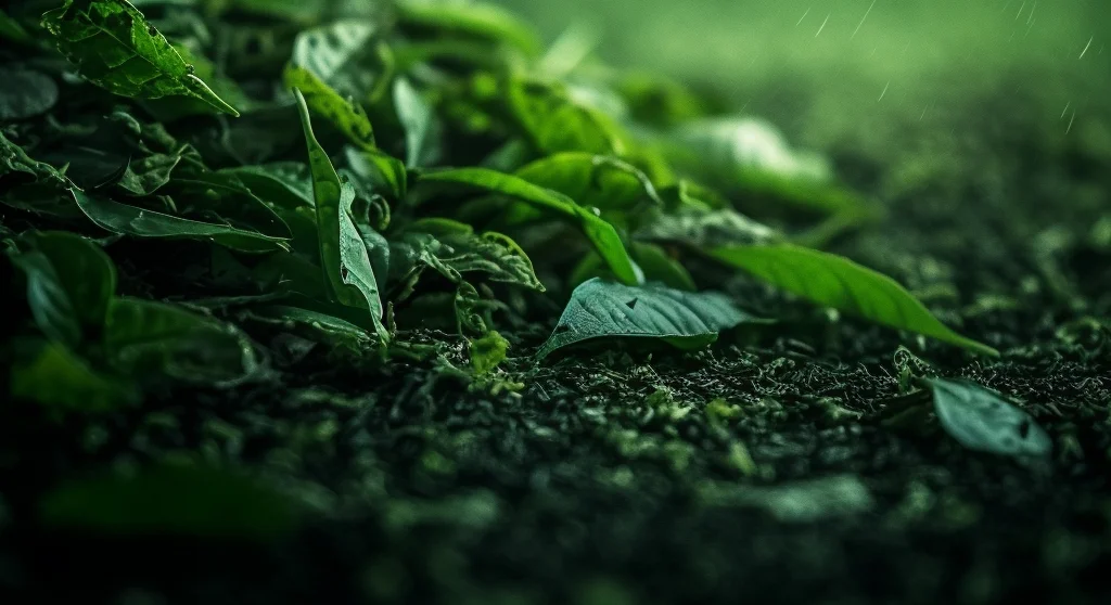 Fresh green leaves on the ground with raindrops
