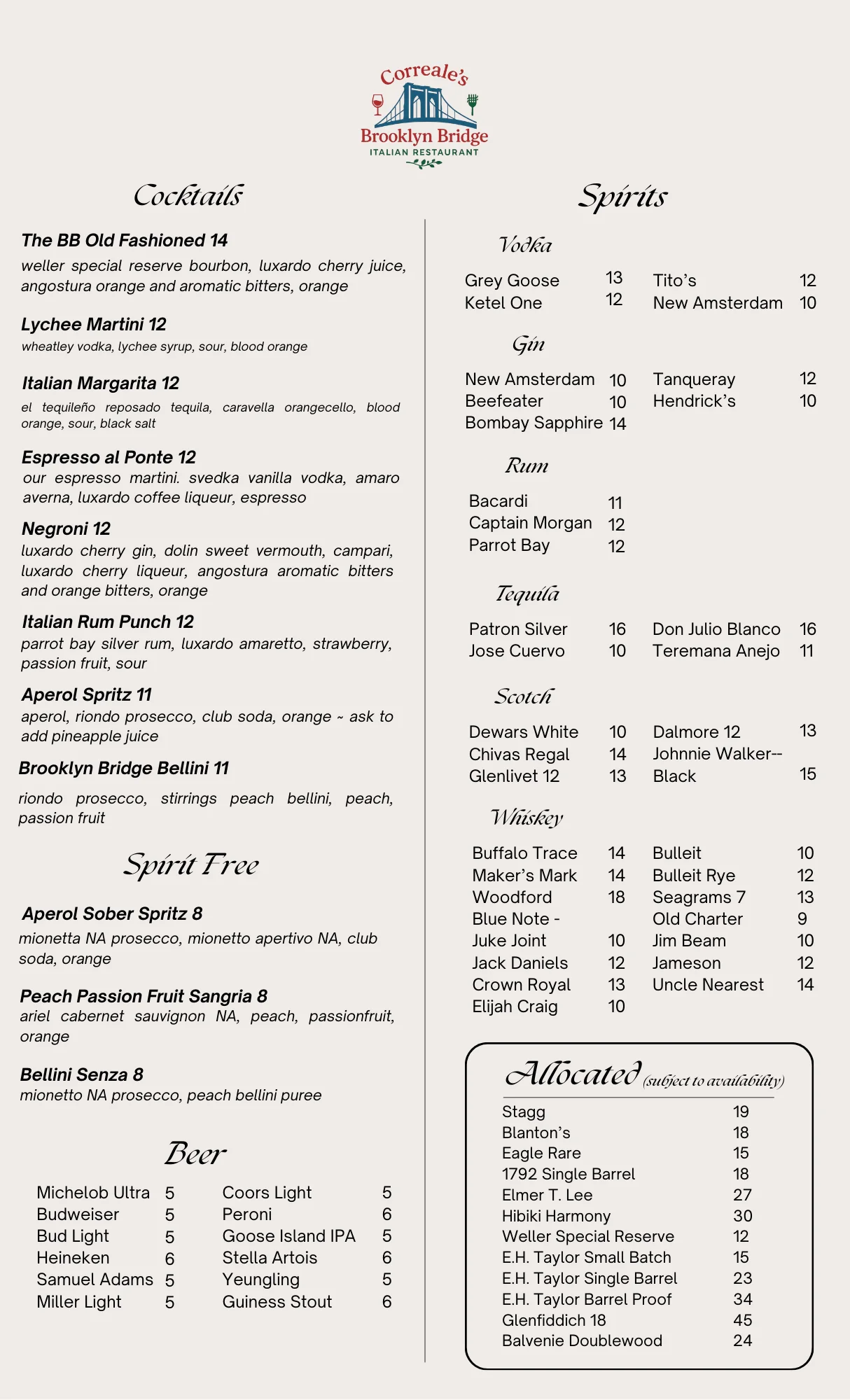 Cocktail menu featuring Italian drinks and spirits