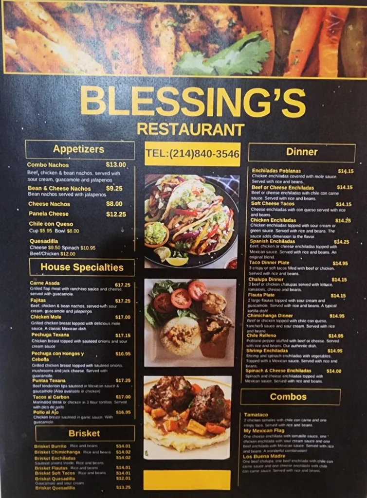 Menu of Blessing's Restaurant featuring Mexican dishes and specialties