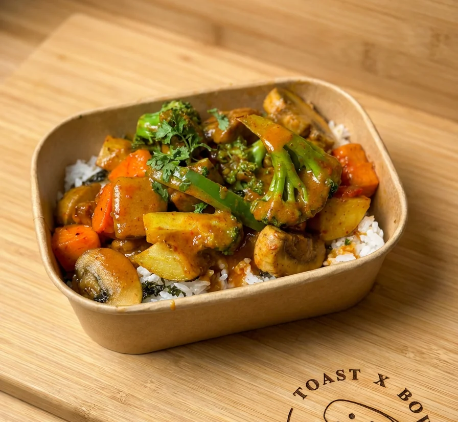 Vegetable curry rice bowl with vibrant toppings