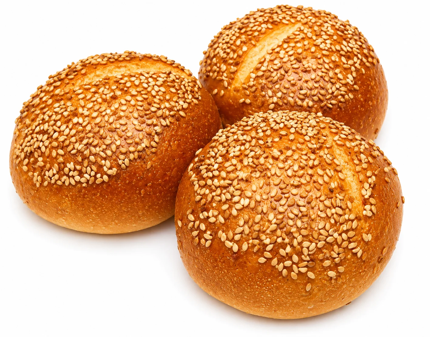 Three sesame seed topped bread rolls on a white background.