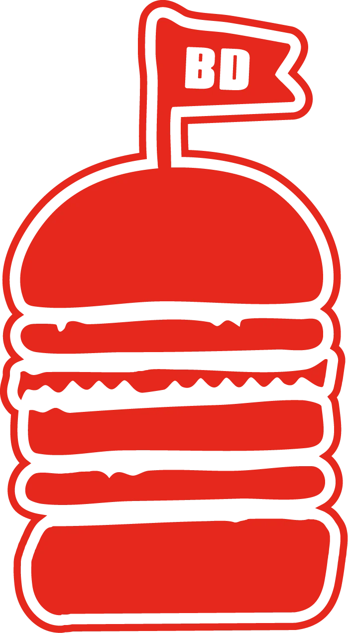Stylized burger logo with flag, representing a burger restaurant