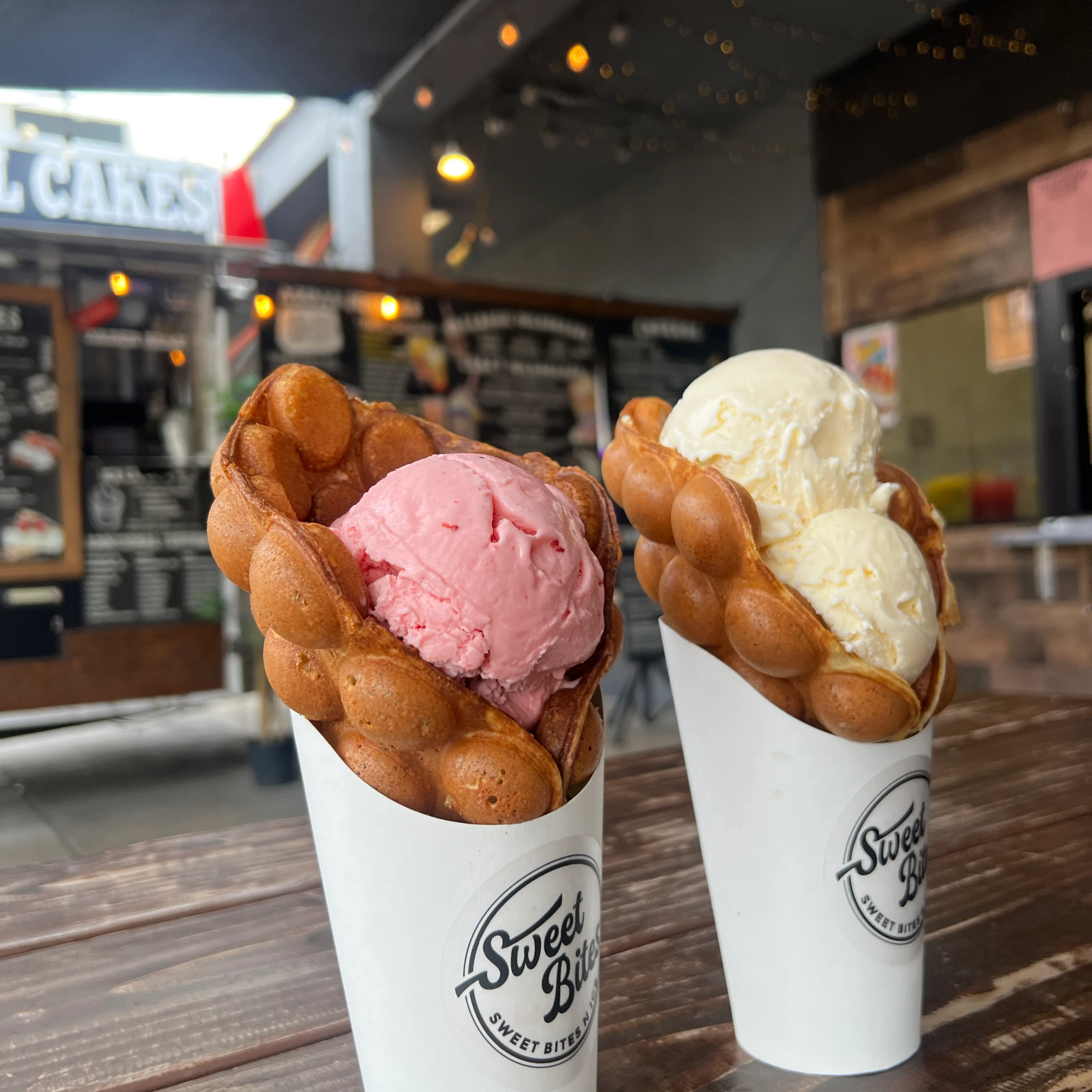 Hong Kong-style egg waffle cones with ice cream