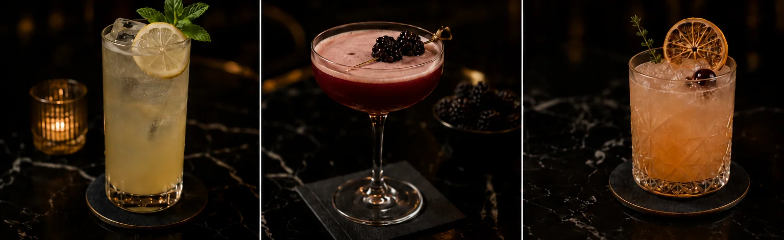 A collection of cocktails arranged in a grid, showcasing various drinks with garnishes and stylish glassware.