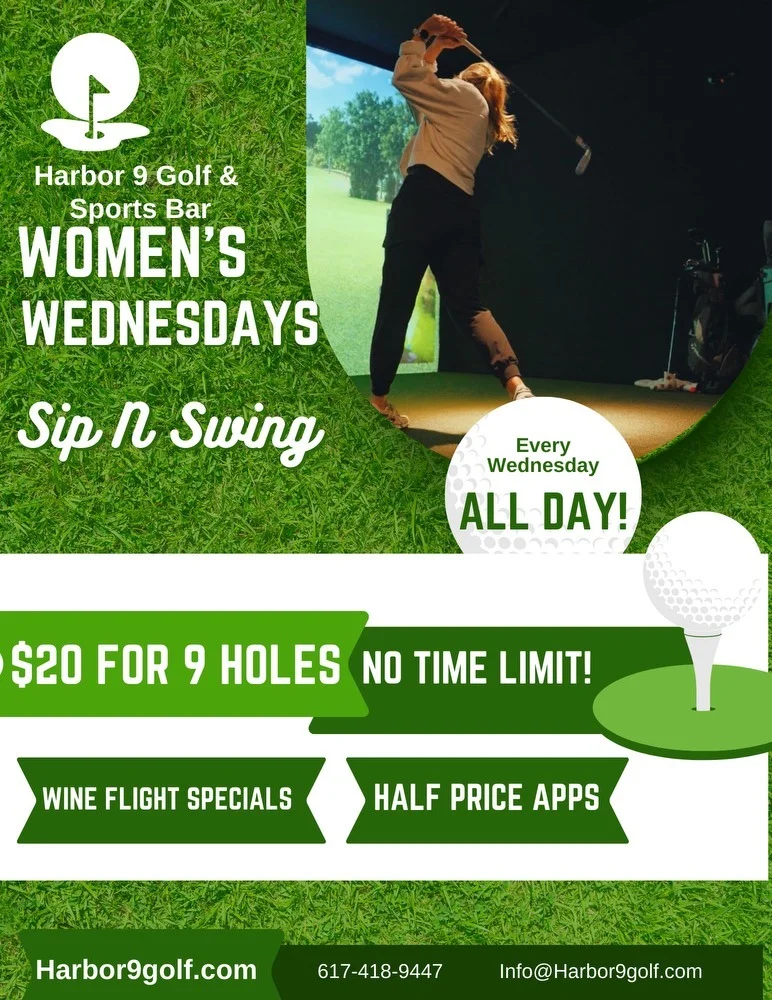 Promotional flyer for Women's Wednesdays at Harbor 9 Golf & Sports Bar