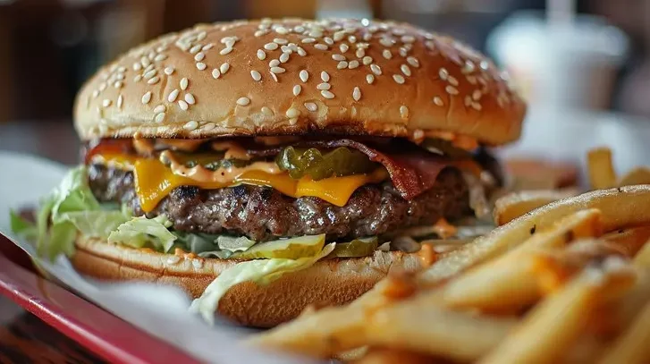 Juicy bacon cheeseburger from Countryside Drive-In, loaded with melted cheddar cheese, crispy bacon, fresh lettuce, ripe tomatoes, pickles, and onions on a toasted sesame-seeded bun. Paired with golden fries and a cold drink, perfect for a classic burger experience.