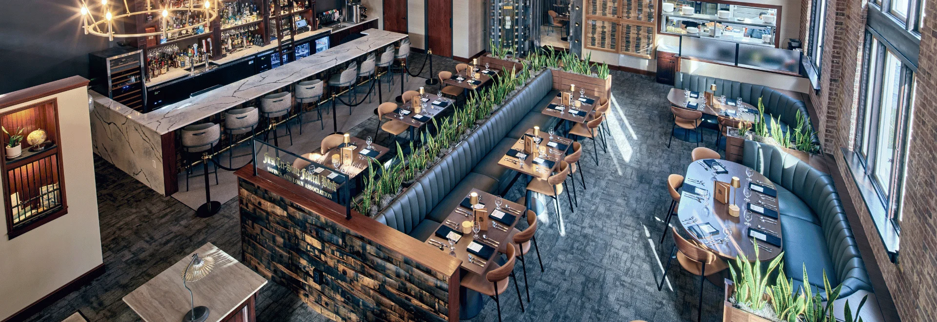 Stylish restaurant interior with modern decor and cozy seating