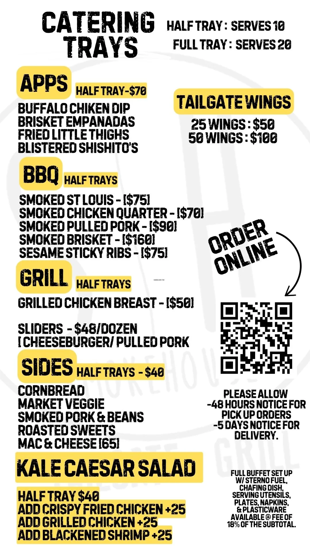 Catering menu featuring BBQ and appetizers for events