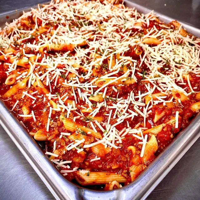 Baked ziti with marinara sauce and cheese