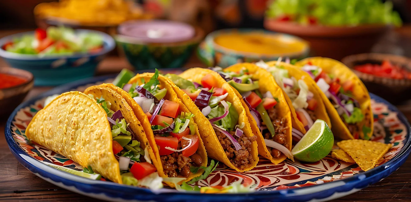 Colorful plate of Mexican tacos with fresh toppings