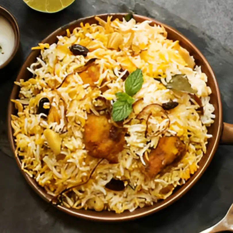 A bowl of biryani with rice, spices, and garnishes.