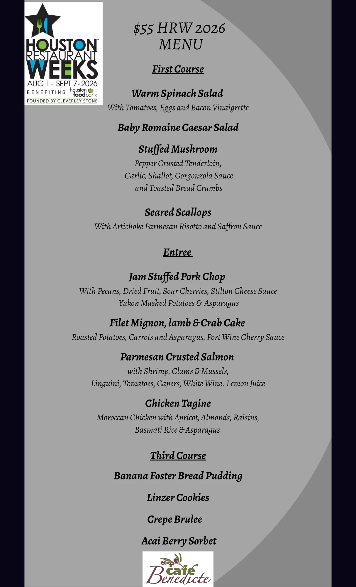 Houston Restaurant Weeks 2026 menu featuring diverse gourmet dishes