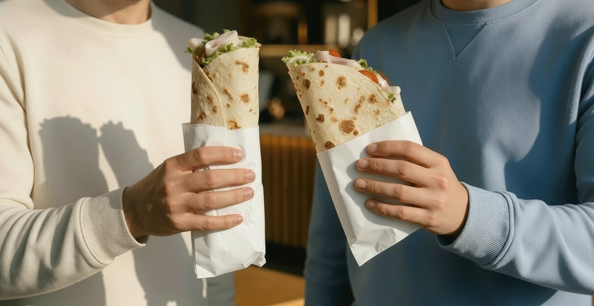 Two wraps filled with fresh vegetables and meats