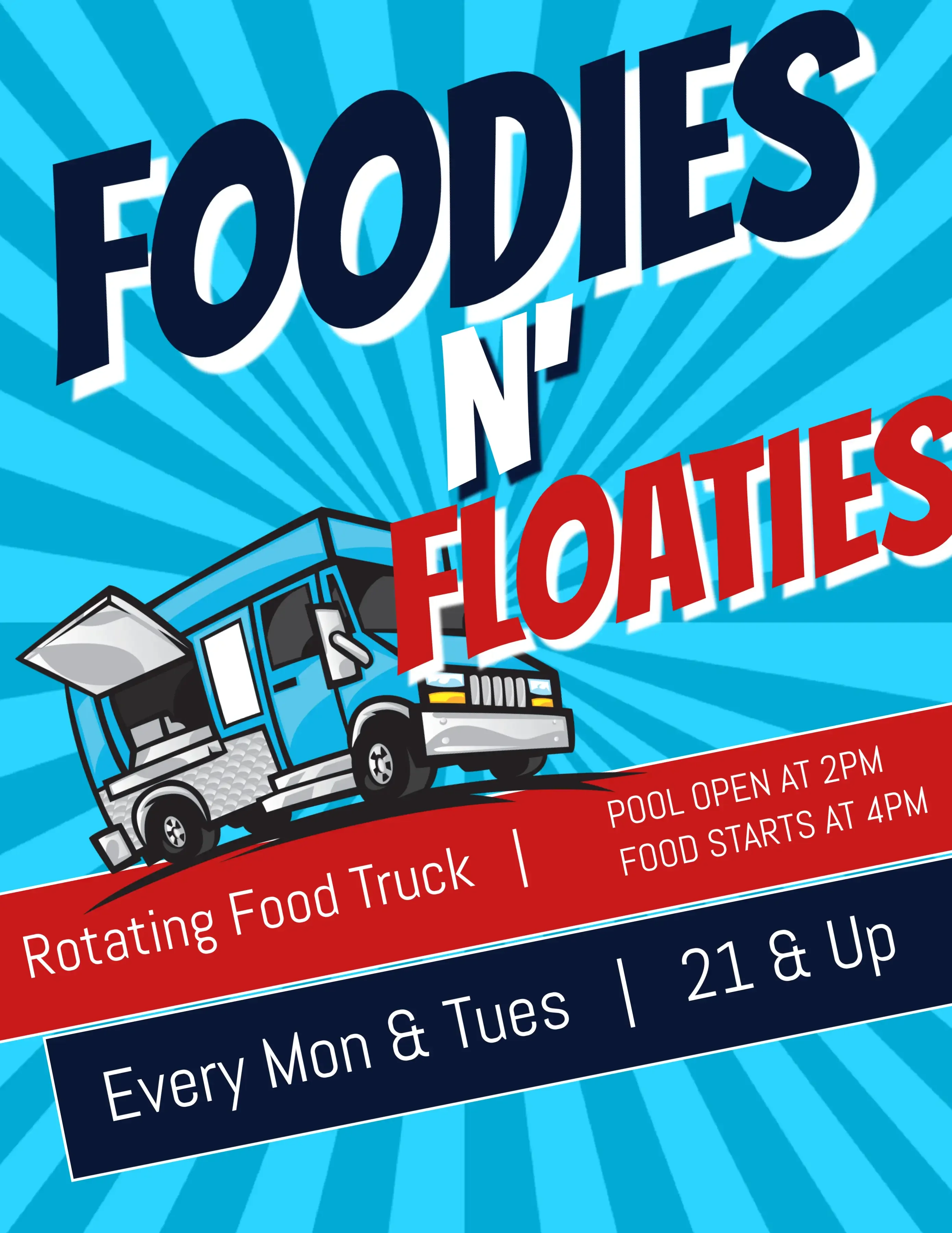 Promotional graphic for food truck event with pool access