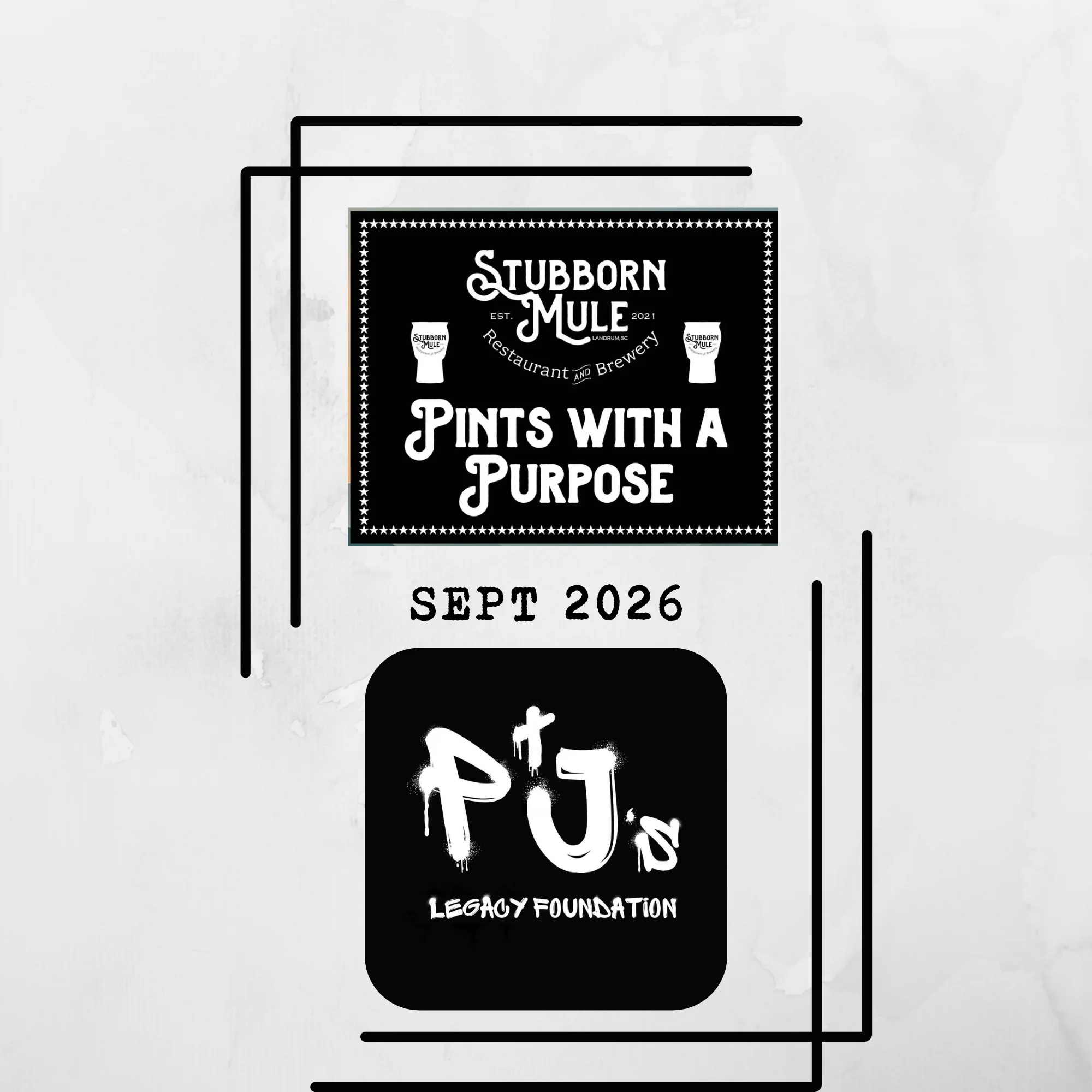 Restaurant brewery charity event poster with typography and bold black-and-white design