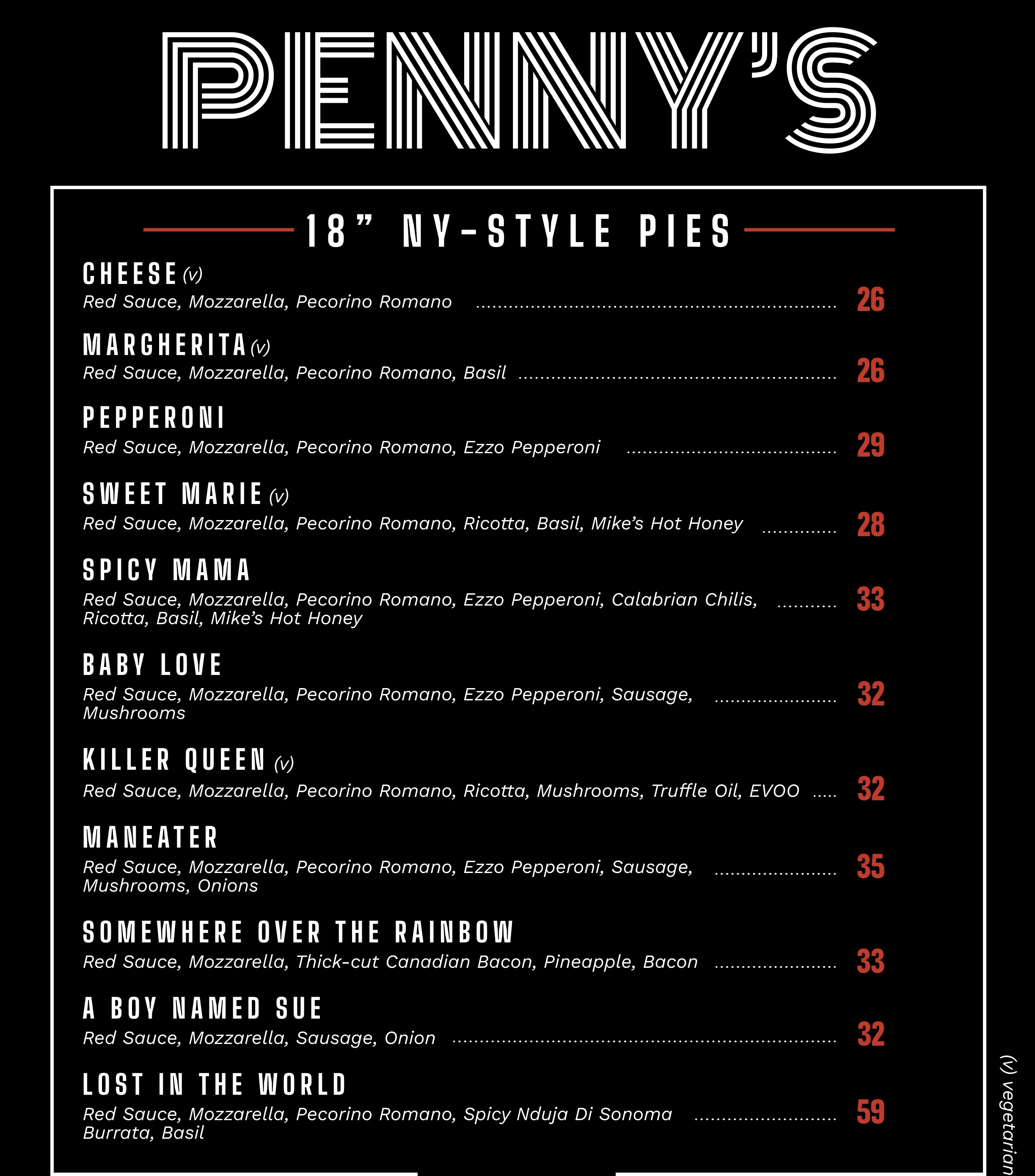 Menu for New York style pizza with build-your-own options