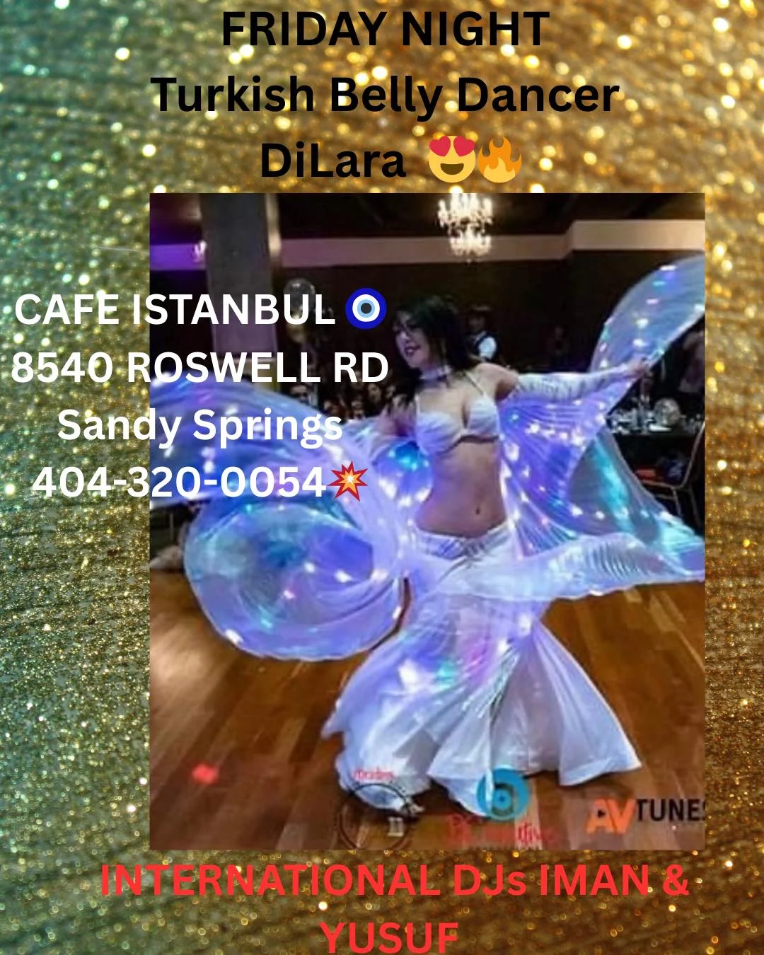A Turkish belly dancer performing with flowing, illuminated fabric in a vibrant setting, showcasing the art of dance.