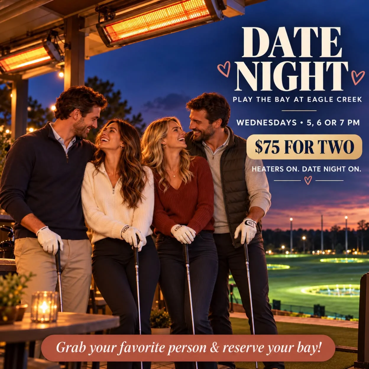 Date night golf event promotion with couples at an outdoor venue