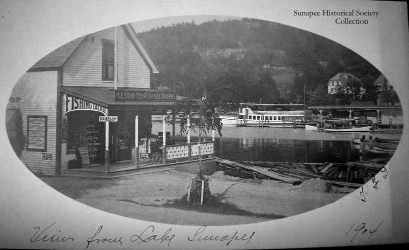 Historic view of Lake Sunapee with a fishing tackle shop