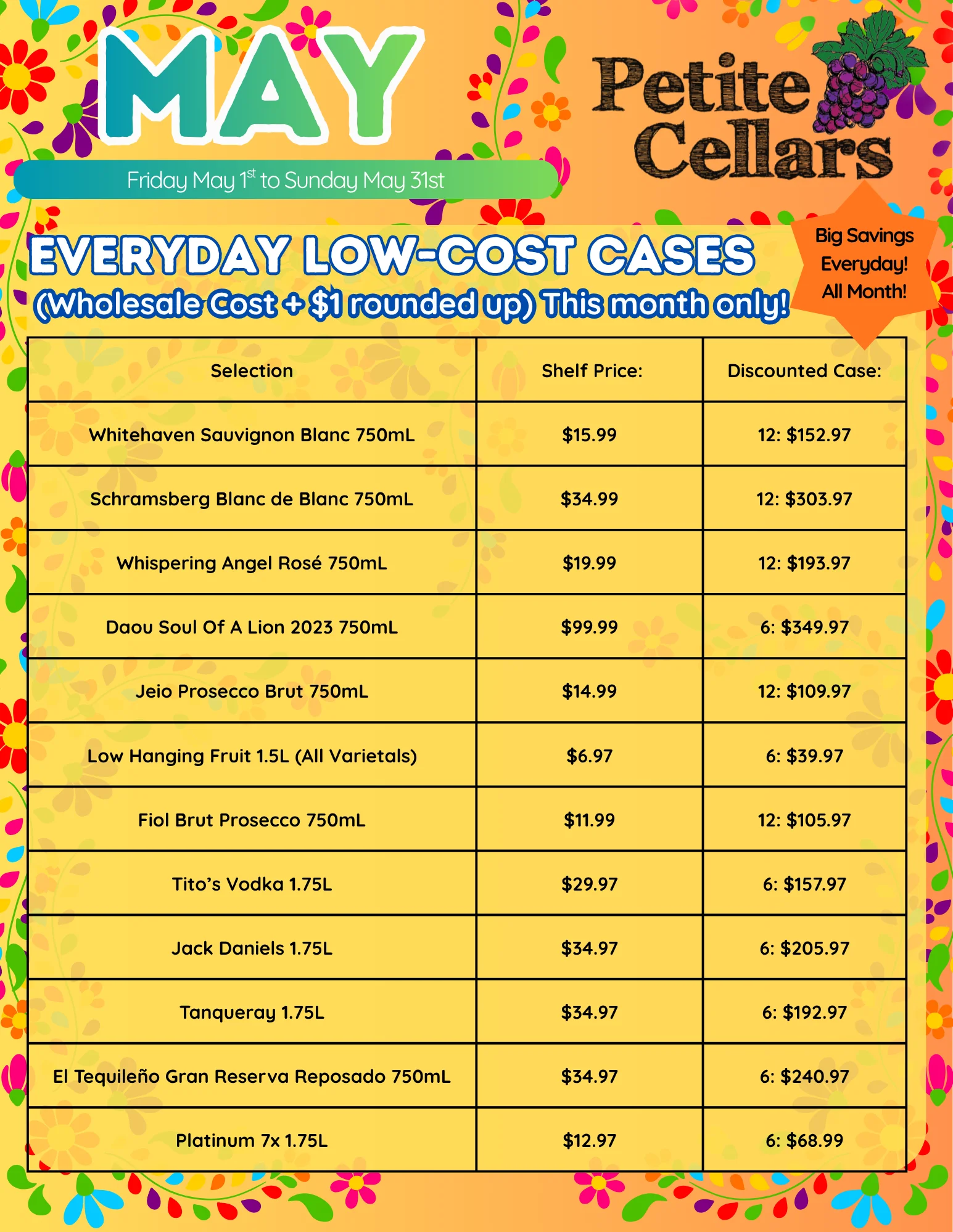 May promotional flyer for discounted wine and spirits at Petite Cellars.