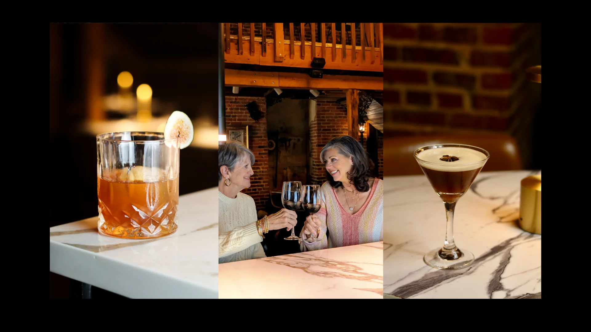 Cocktails and friends toasting in a cozy restaurant setting