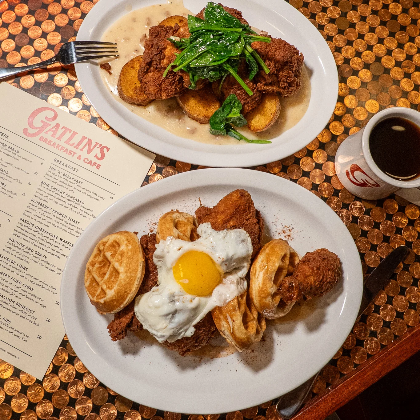 Southern chicken and waffles with fried egg