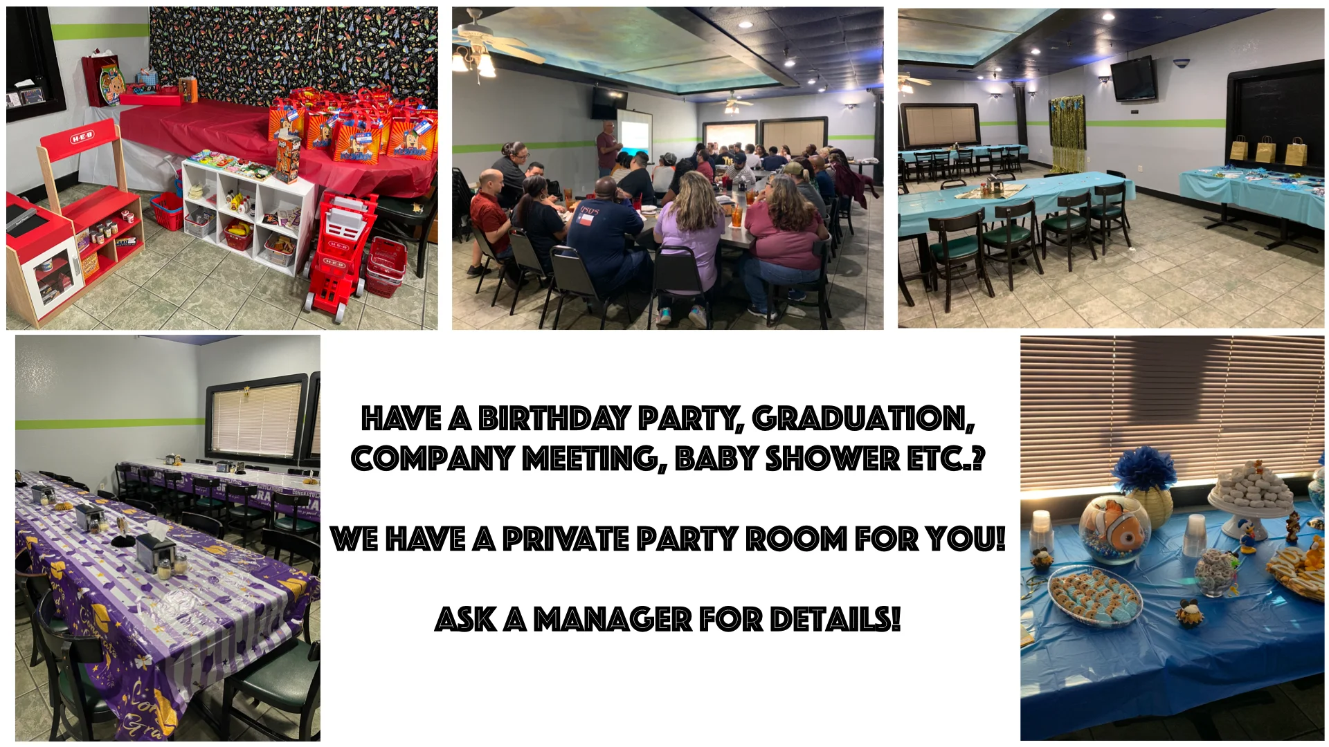 Private party room setup for events like birthdays and meetings