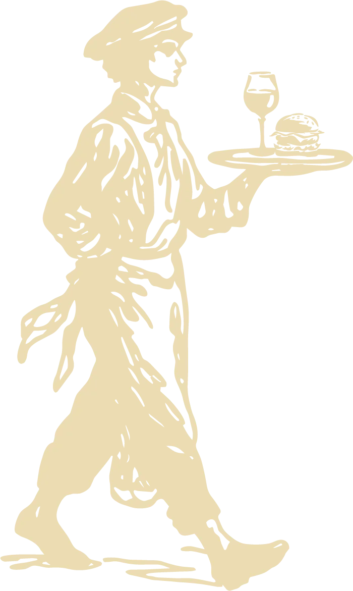 Illustration of a waiter serving a drink and burger on a tray