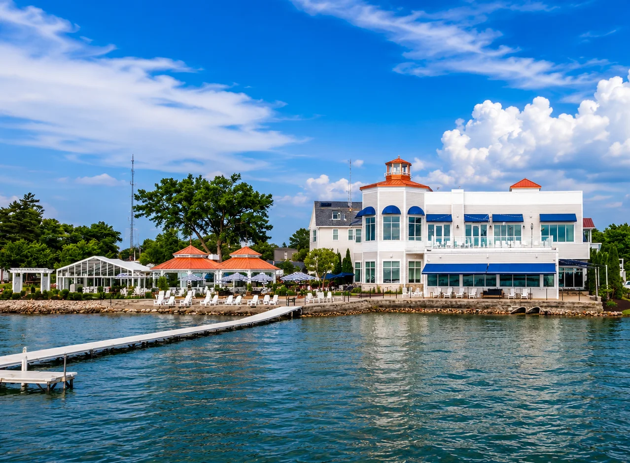 Scenic waterfront restaurant with outdoor seating