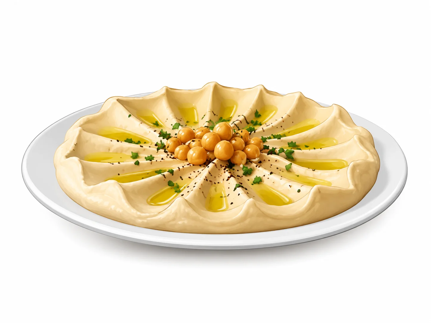 Creamy Lebanese hummus garnished with chickpeas and olive oil