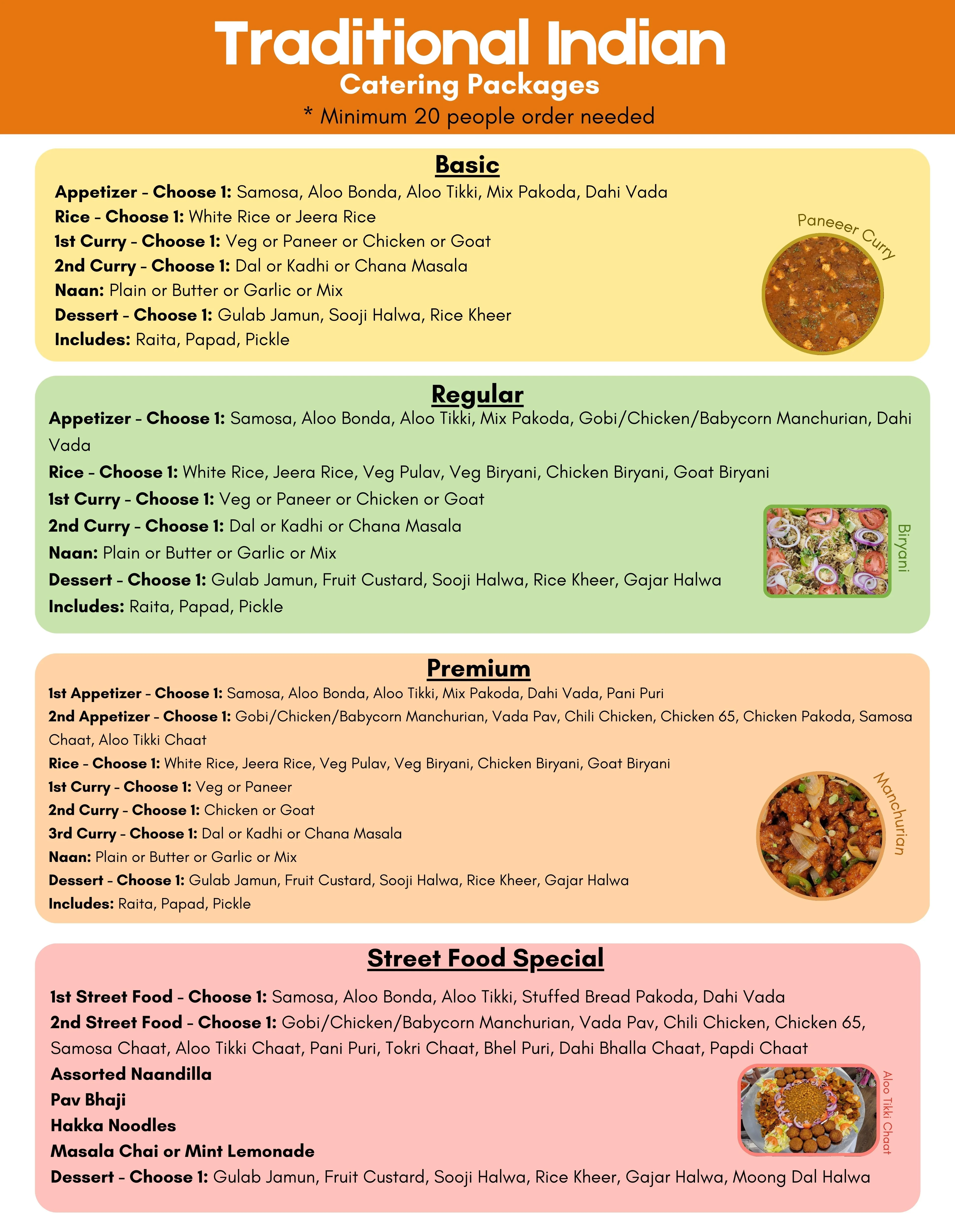 Traditional Indian catering menu with diverse package options