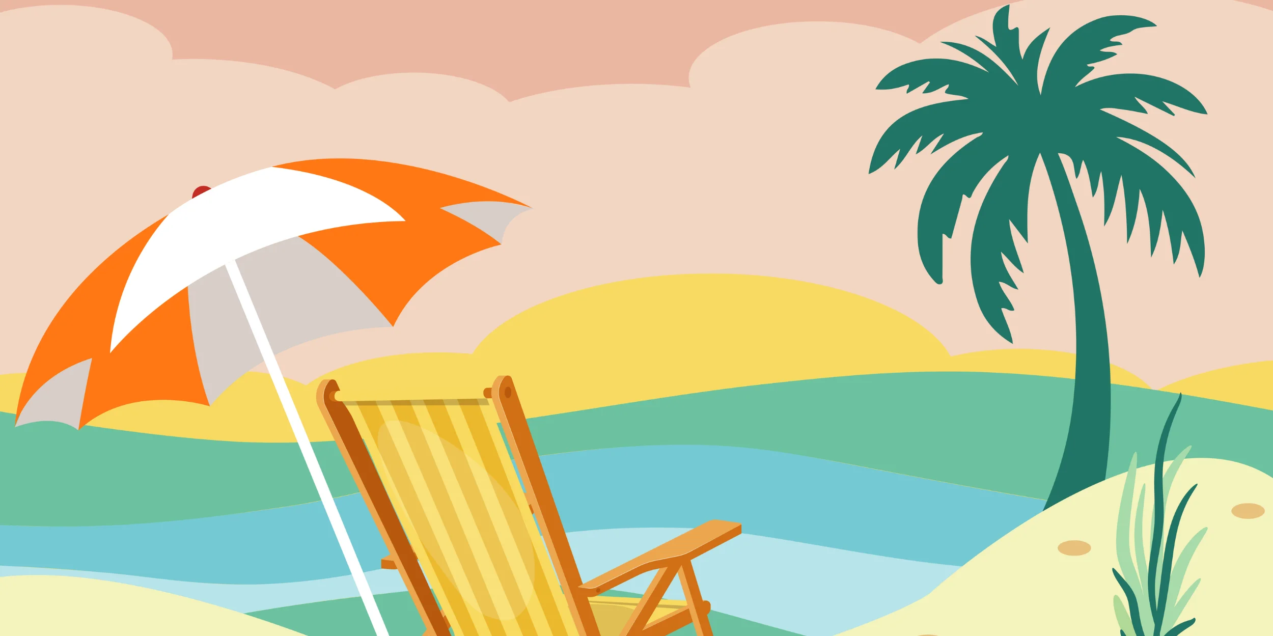 a graphic of a beach scene with a dark teal palm tree outline, a white and orange beach umbrella, and a cozy folding yellow striped beach chair