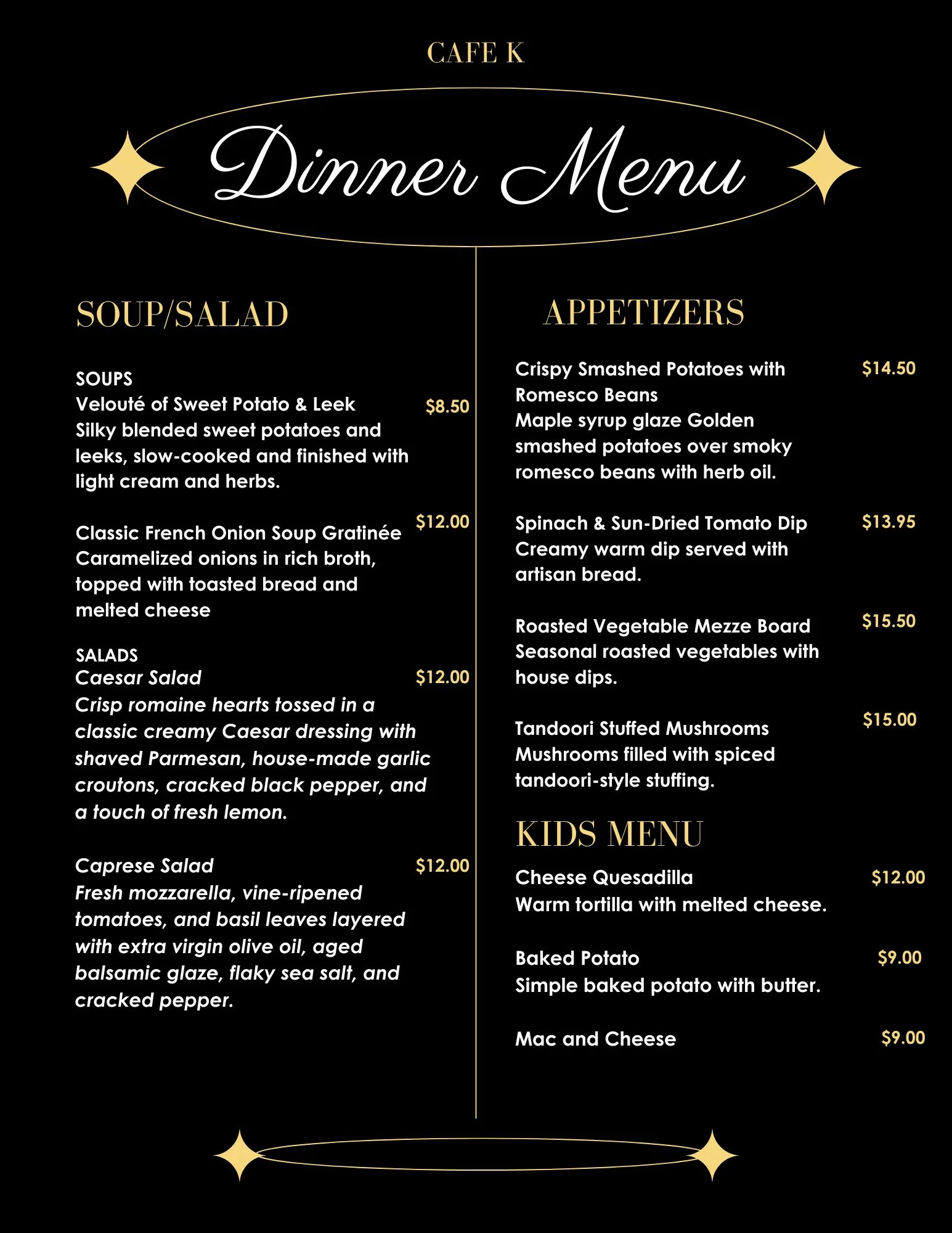 Dinner menu featuring soups, salads, and appetizers at a cozy cafe