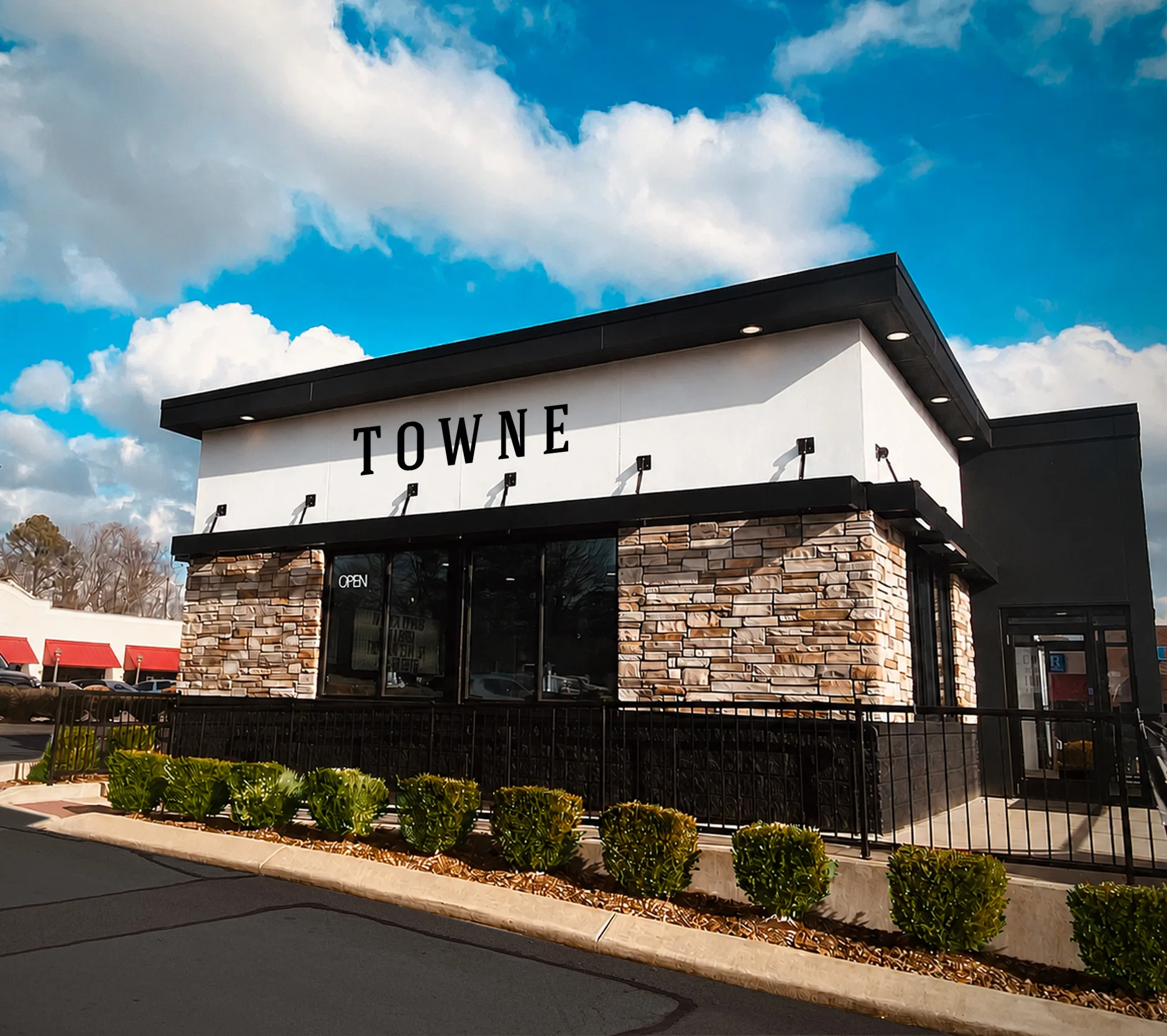 Exterior view of Towne Coffee shop with modern design