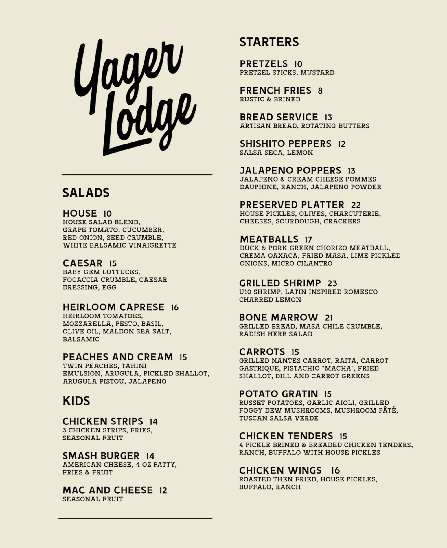 Yager Lodge menu featuring diverse starters and salads