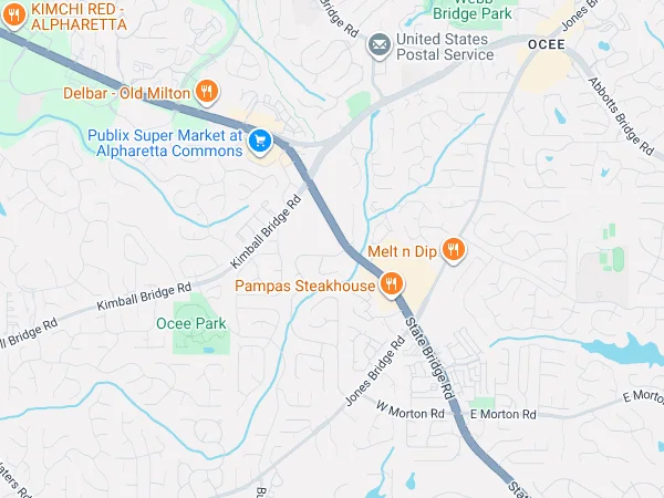 Map showing restaurant locations in Alpharetta, Georgia