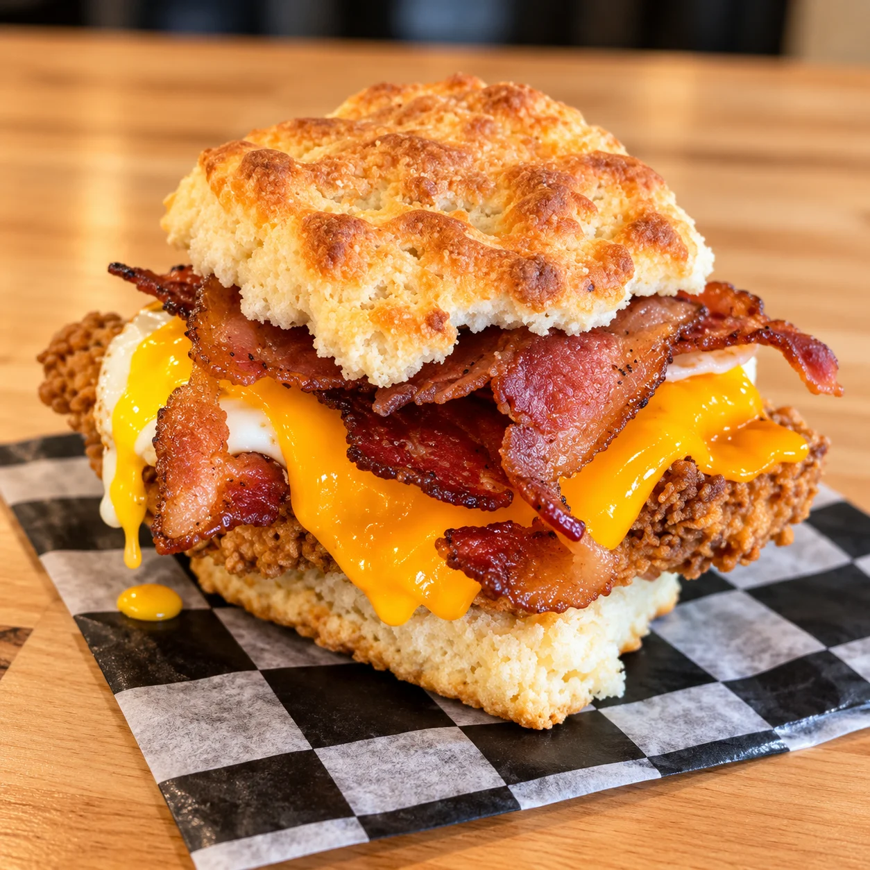 Southern fried chicken breakfast sandwich on a biscuit