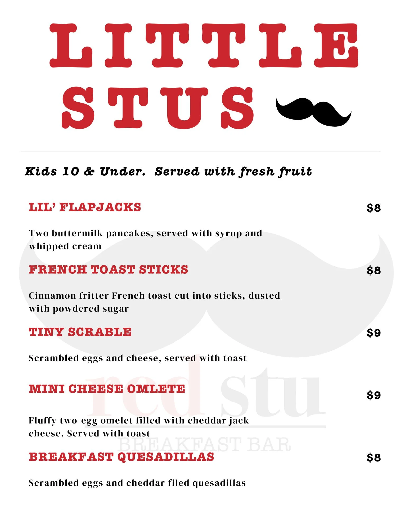 Kids' breakfast menu featuring pancakes and omelets