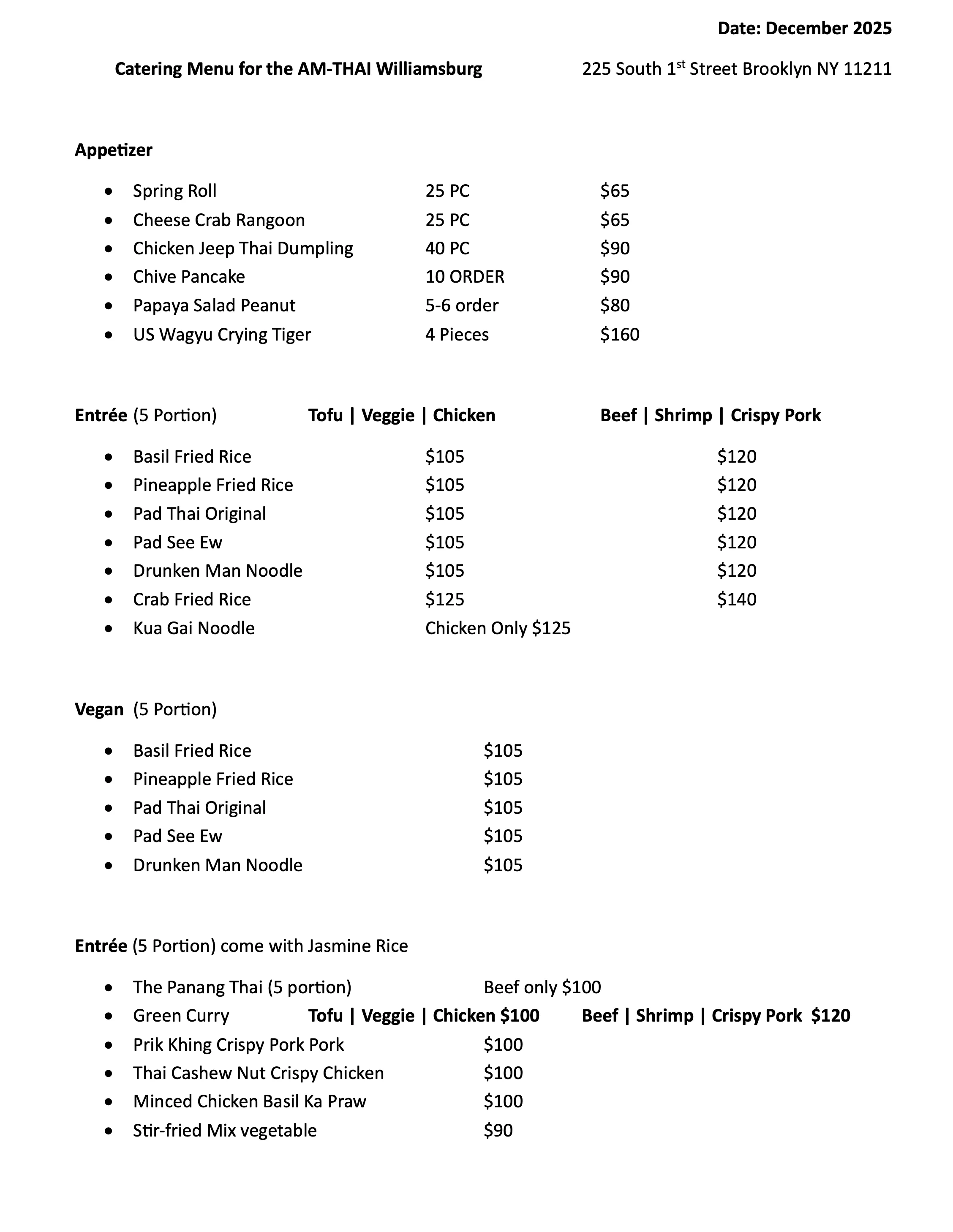 Catering menu for Thai cuisine featuring appetizers and entrees