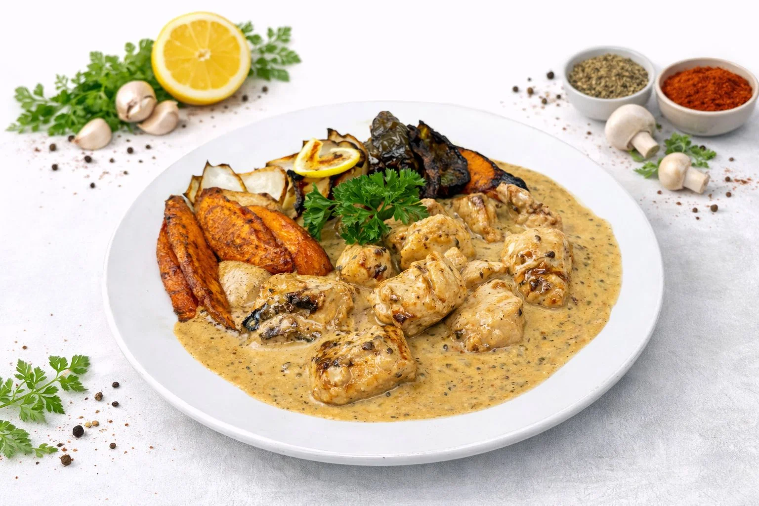 Nigerian chicken in creamy sauce with plantains