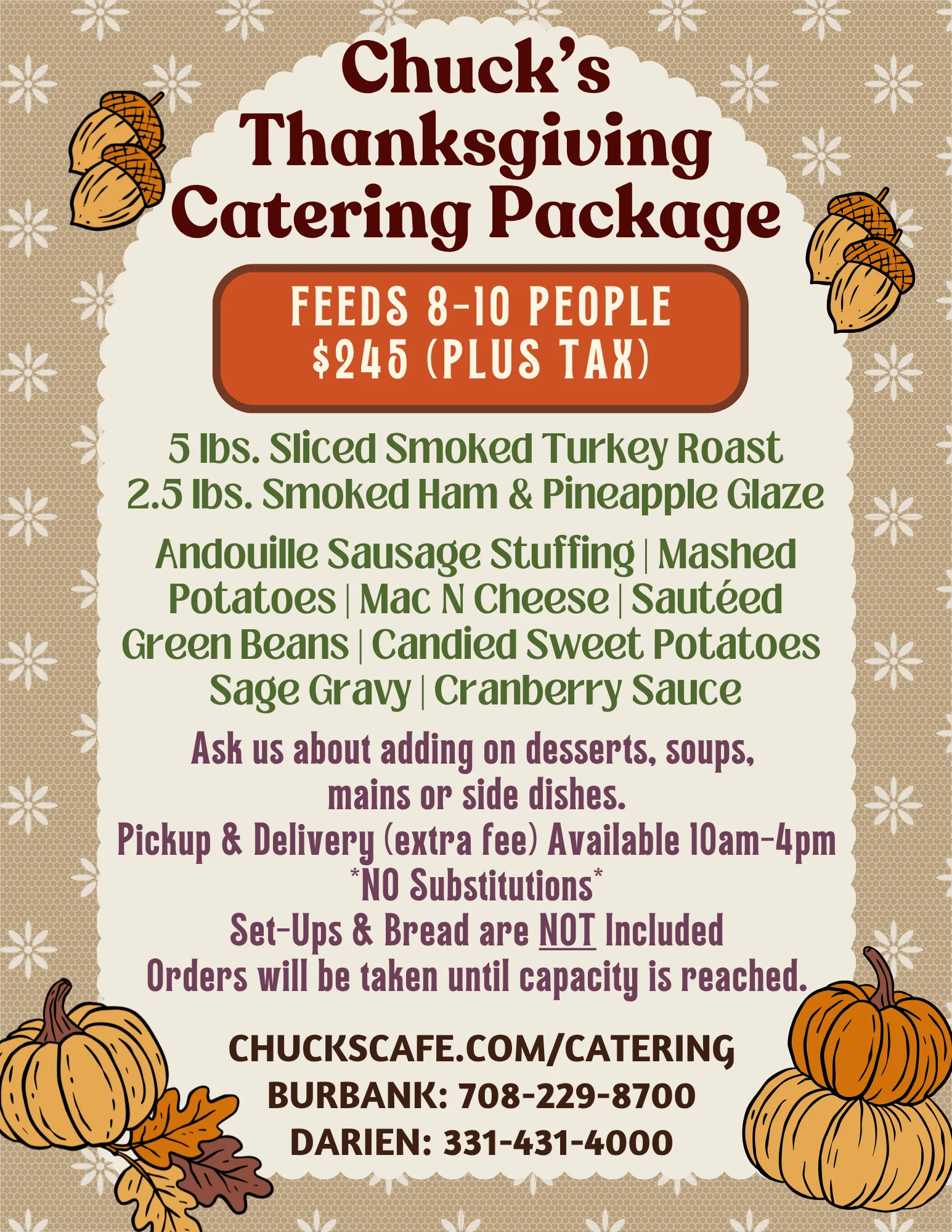 Thanksgiving catering package flyer with seasonal harvest illustrations