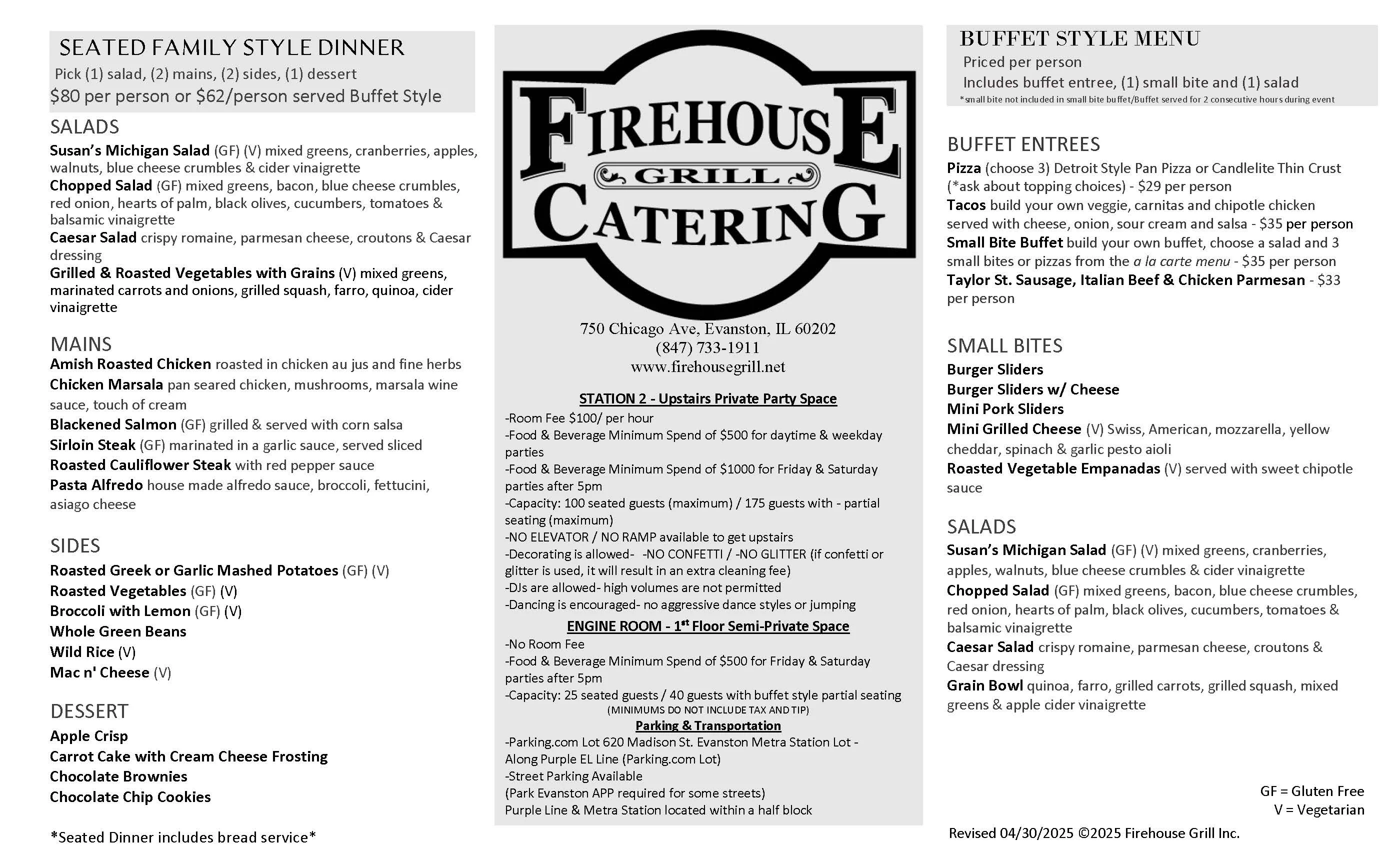 Catering menu featuring diverse American dishes and buffet options