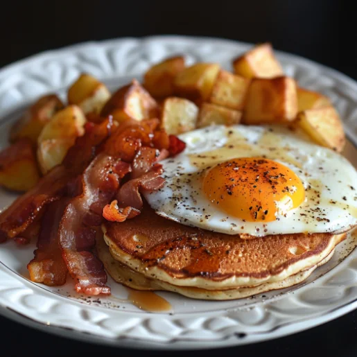 Hearty breakfast with pancakes, bacon, and eggs at Seagrass Grille in Hilton Head Island, SC