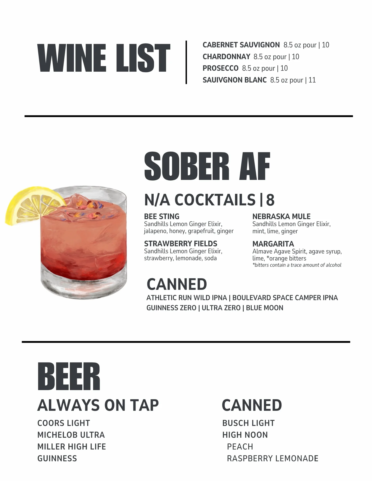 Diverse drink menu featuring wines, cocktails, and beers