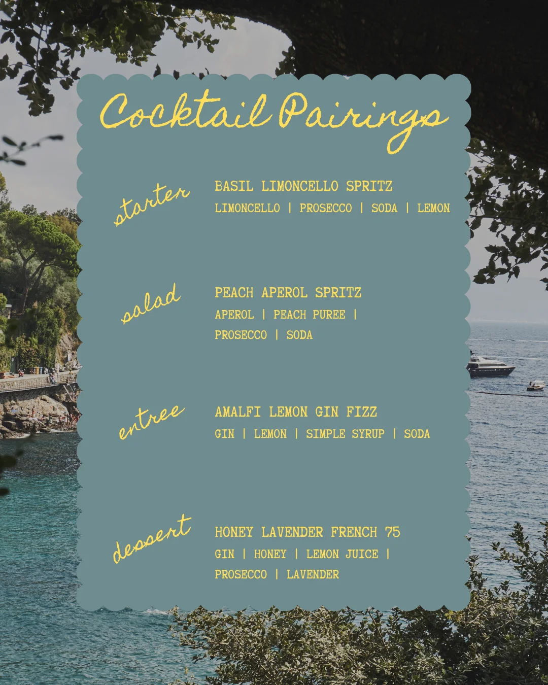 Elegant menu featuring global dishes and wine pairings