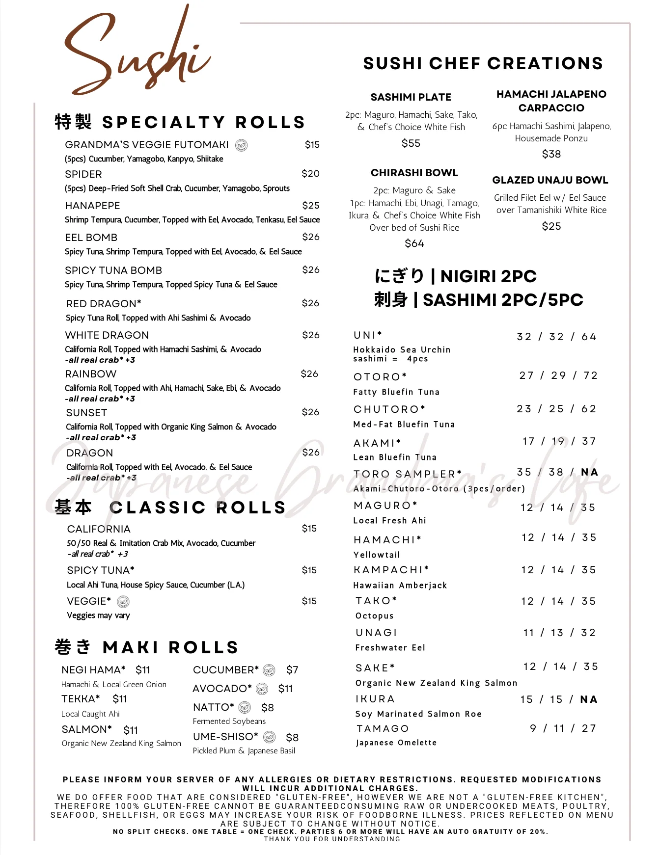 Japanese sushi restaurant menu featuring specialty rolls, sashimi, nigiri, and maki