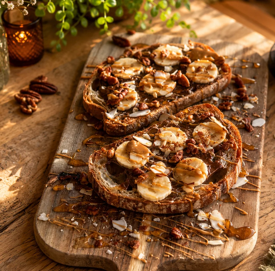 Sliced bread topped with bananas, nuts, and drizzled with syrup on a wooden board.