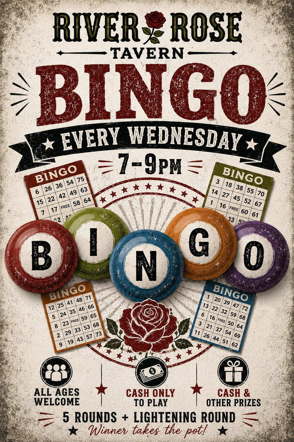Bingo night event poster at River Rose Tavern
